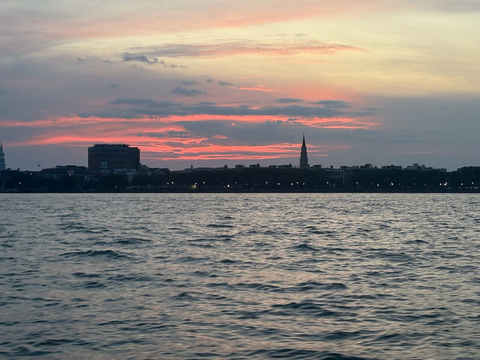 Charleston skyline sunset from the harbor
